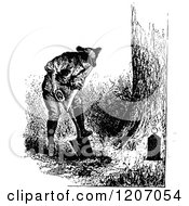 Clipart Of A Vintage Black And White Man Digging For Treasure Royalty Free Vector Illustration
