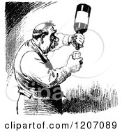 Clipart Of A Vintage Black And White Man Trying To Get A Drop Out Of A Wine Bottle Royalty Free Vector Illustration