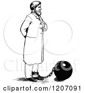 Clipart Of A Vintage Black And White Man Tied To A Ball And Chain Royalty Free Vector Illustration