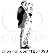 Clipart Of A Vintage Black And White Man Standing And Reading Notes Royalty Free Vector Illustration
