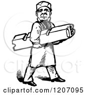 Clipart Of A Vintage Black And White Printer Worker Carrying A Letter B Royalty Free Vector Illustration