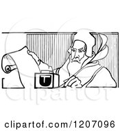 Clipart Of A Vintage Black And White Old Man Writing Royalty Free Vector Illustration
