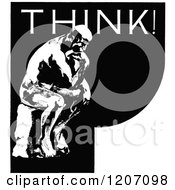 Clipart Of A Vintage Black And White Thinker Statue And Text Royalty Free Vector Illustration