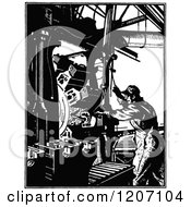 Clipart Of A Vintage Black And White Man Operating A Rotary Milling Machine Royalty Free Vector Illustration