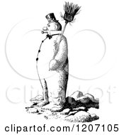 Clipart Of A Vintage Black And White Snowman With A Broom Royalty Free Vector Illustration