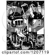 Clipart Of A Vintage Black And White Giant Press And Workers Royalty Free Vector Illustration