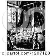 Clipart Of A Vintage Black And White Trip Hammer And Workers Royalty Free Vector Illustration