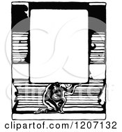 Clipart Of A Vintage Black And White Strong Man Holding A Sign Over Books Royalty Free Vector Illustration