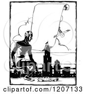 Clipart Of A Vintage Black And White Man With A City And Sign Royalty Free Vector Illustration