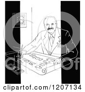 Clipart Of A Vintage Black And White Male Designer At A Desk Royalty Free Vector Illustration