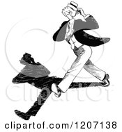 Clipart Of A Vintage Black And White Man Walking Fast With A Shadow Royalty Free Vector Illustration