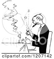 Clipart Of A Vintage Black And White Old Man Lighting A Cigar Royalty Free Vector Illustration