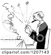 Clipart Of A Vintage Black And White Old Man Lighting A Cigar Royalty Free Vector Illustration