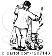 Clipart Of A Vintage Black And White Man Writing A Long List Royalty Free Vector Illustration