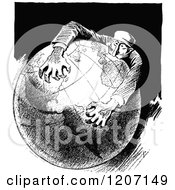 Clipart Of A Vintage Black And White Man Clinging Onto Earth Royalty Free Vector Illustration