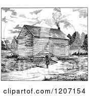 Clipart Of A Vintage Black And White Man At A Log Cabin Royalty Free Vector Illustration