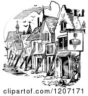 Clipart Of A Vintage Black And White Man And Medieval Houses Royalty Free Vector Illustration