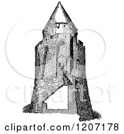 Clipart Of A Vintage Black And White Donjon Keep Tower Royalty Free Vector Illustration