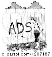 Clipart Of A Vintage Black And White Boy Painting Ads On A Fence Royalty Free Vector Illustration