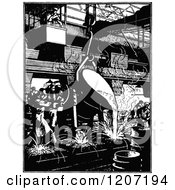 Clipart Of Vintage Black And White Workers Pouring Metal Into Molds Royalty Free Vector Illustration