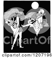 Clipart Of A Vintage Black And White Musicians Under A Moon Royalty Free Vector Illustration