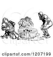 Clipart Of Vintage Black And White People Bobbing For Apples Royalty Free Vector Illustration