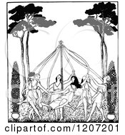 Clipart Of A Vintage Black And White May Pole Dance Royalty Free Vector Illustration