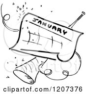 Clipart Of A Vintage Black And White January Calendar With Party Confetti And Horn Royalty Free Vector Illustration