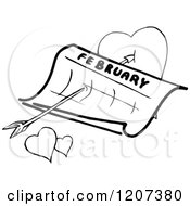 Clipart Of A Vintage Black And White February Calendar With An Arrow And Hearts Royalty Free Vector Illustration