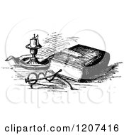 Clipart Of A Vintage Black And White Bible With Glasses And A Candle Royalty Free Vector Illustration
