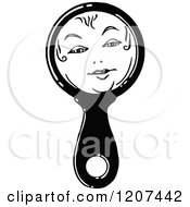 Clipart Of A Vintage Black And White Hand Held Mirror With A Face Royalty Free Vector Illustration