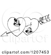 Poster, Art Print Of Vintage Black And White Cupids Arrow Through A Couple In Hearts