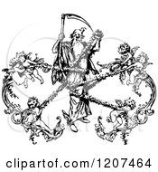 Clipart Of A Vintage Black And White Grim Reaper Being Captured By Cherubs Royalty Free Vector Illustration