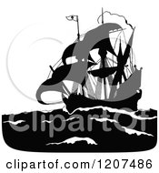 Poster, Art Print Of Vintage Black And White Silhouetted Pirate Ship
