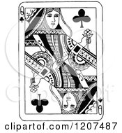 Clipart Of A Vintage Black And White Queen Of Clubs Playing Card Royalty Free Vector Illustration