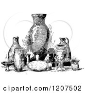 Clipart Of Vintage Black And White Ancient Chaldean Utensils Royalty Free Vector Illustration