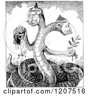 Clipart Of A Vintage Black And White Two Headed Ferocity And Hyprocrisy Monster Royalty Free Vector Illustration