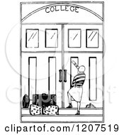 Clipart Of A Vintage Black And White College Student And Luggage Royalty Free Vector Illustration