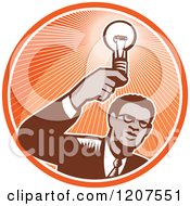Clipart Of A Retro Woodut Black Businessman Holding A Light Bulb In An Orange Circle Royalty Free Vector Illustration by patrimonio