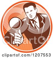 Poster, Art Print Of Retro Woodut Businessman Inspecting With A Magnifying Glass In An Orange Circle
