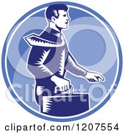 Clipart Of A Retro Woodut Businessman Walking In A Blue Circle Royalty Free Vector Illustration