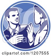 Poster, Art Print Of Retro Woodut Businessman And Woman Talking In A Blue Circle