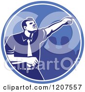 Poster, Art Print Of Retro Woodut Businessman Pointing Forward In A Blue Circle