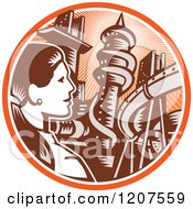 Clipart Of A Retro Woodut Businesswoman And City In An Orange Ray Circle Royalty Free Vector Illustration