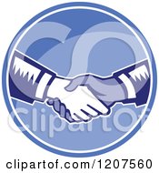 Clipart Of Retro Woodut Men Shaking Hands In A Blue Circle Royalty Free Vector Illustration