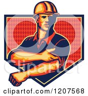 Poster, Art Print Of Strong Construction Worker Rolling Up His Sleeves Over A Diamond Patterned Shield