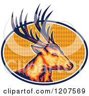 Clipart Of A Deer Stag Head Over An Oval Of Diamonds Royalty Free Vector Illustration