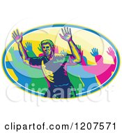 Poster, Art Print Of Male Marathon Runner And Crowd Holding Up Hands In An Oval