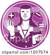 Poster, Art Print Of Retro Businesswoman Juggling Shapes In A Purple Circle
