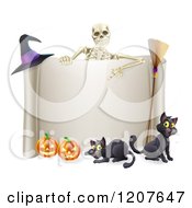 Poster, Art Print Of Skeleton Pointing Down To A Halloween Sign With Black Cats A Broomstick Witch Hat And And Pumpkins